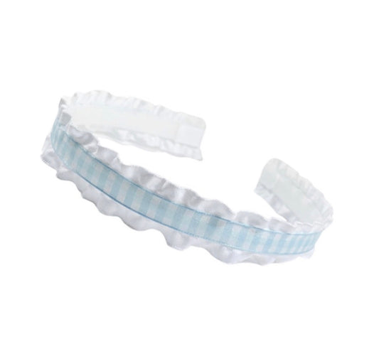 Light Blue Gingham Double Ruffle Ribbon Headband