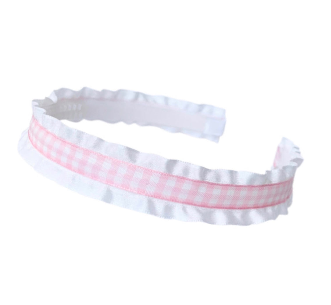 Pink Gingham Double Ruffle Ribbon Headband
