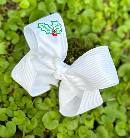Embroidered Christmas Holly Bow